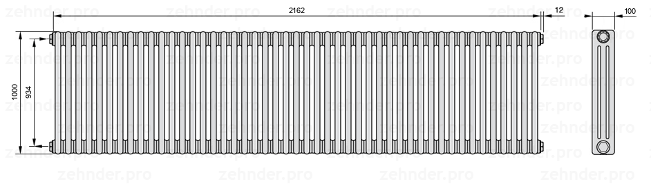 Схема (чертеж) Радиатор Zehnder Charleston 3100/47 №1270 Белый глянцевый RAL 9016
